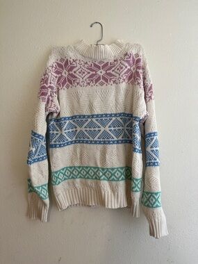 Cream Knit Turtleneck Sweater with Pink, Blue & Green Fair Isle Stripes